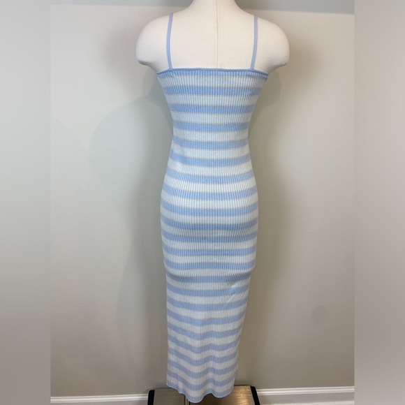 Zara Midi Pastel Striped Ribbed Knit Dress Blue White Beige Spaghetti Strap Sz L - Picture 8 of 16